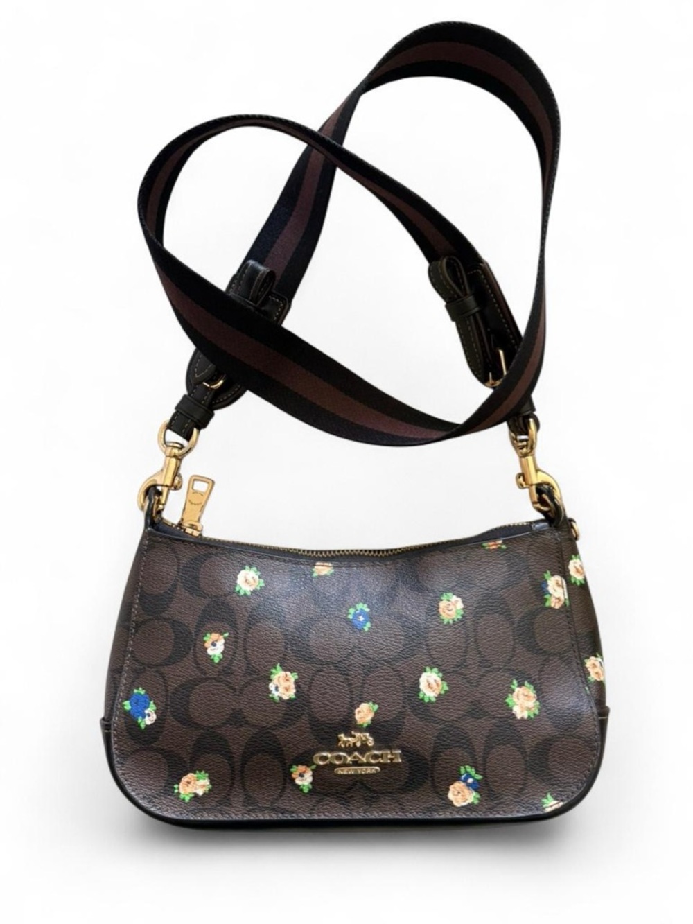 Coach Brown Signature Floral Shoulder Bag with Striped Strap